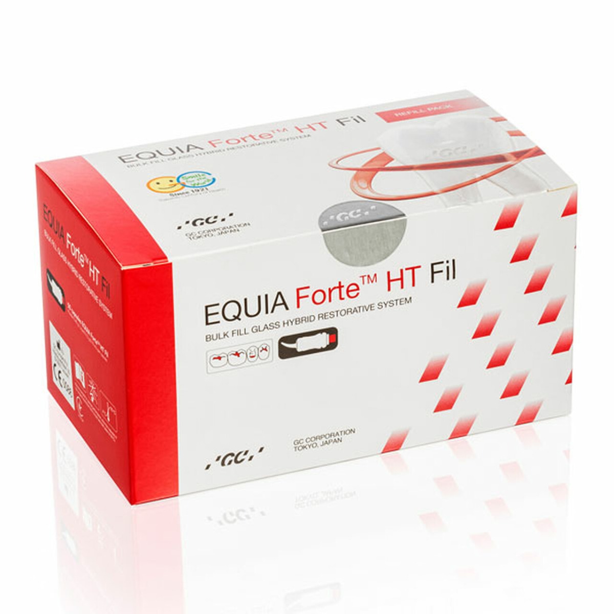 Front view of GC EQUIA Forte HT Fil bulk fill glass hybrid restorative dental material box by GC.